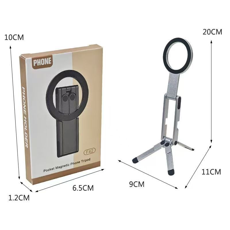 Black Alloy Pocket Magnetic Phone Stand with Desktop Tripod – Multi-Function Foldable Design for Portable Selfie Stick & Hands-Free Shooting – Ideal for Travel, Vlogging, and Daily Use