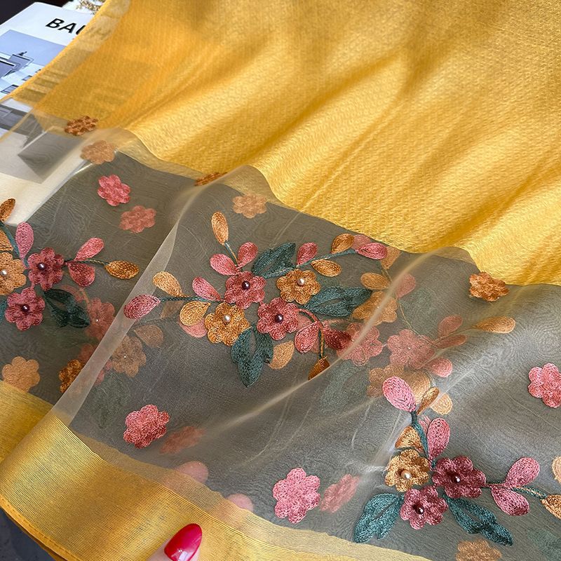 Camel color Elegant Embroidered Begonia Flower Long Scarf for Women - Beaded Faux Silk Shawl with Floral Design, Lightweight Sunscreen Wrap for Spring Autumn Daily Wear