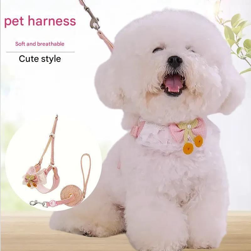 Green Lace Y-Shaped Pet Harness and Leash Set - Breathable Mesh Vest for Small to Medium Dogs and Cats - Comfortable Walking Gear with 150cm Leash(Size:M)