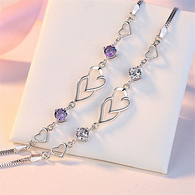 Heart-to-Heart Silver Plated Bracelet with Sparkling Rhinestones Elegant Romantic Jewelry for Women Includes Local Standard Gift Box for Special Occasions(3A Purple Diamond)