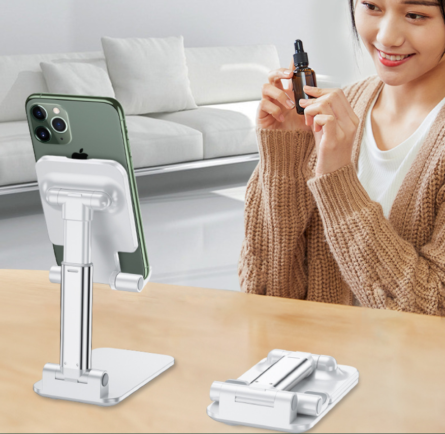 Black Adjustable Desktop Phone Stand with Height Extension and Foldable Design for Online Classes and Streaming Comfortable Hands-Free Solution for Local Users