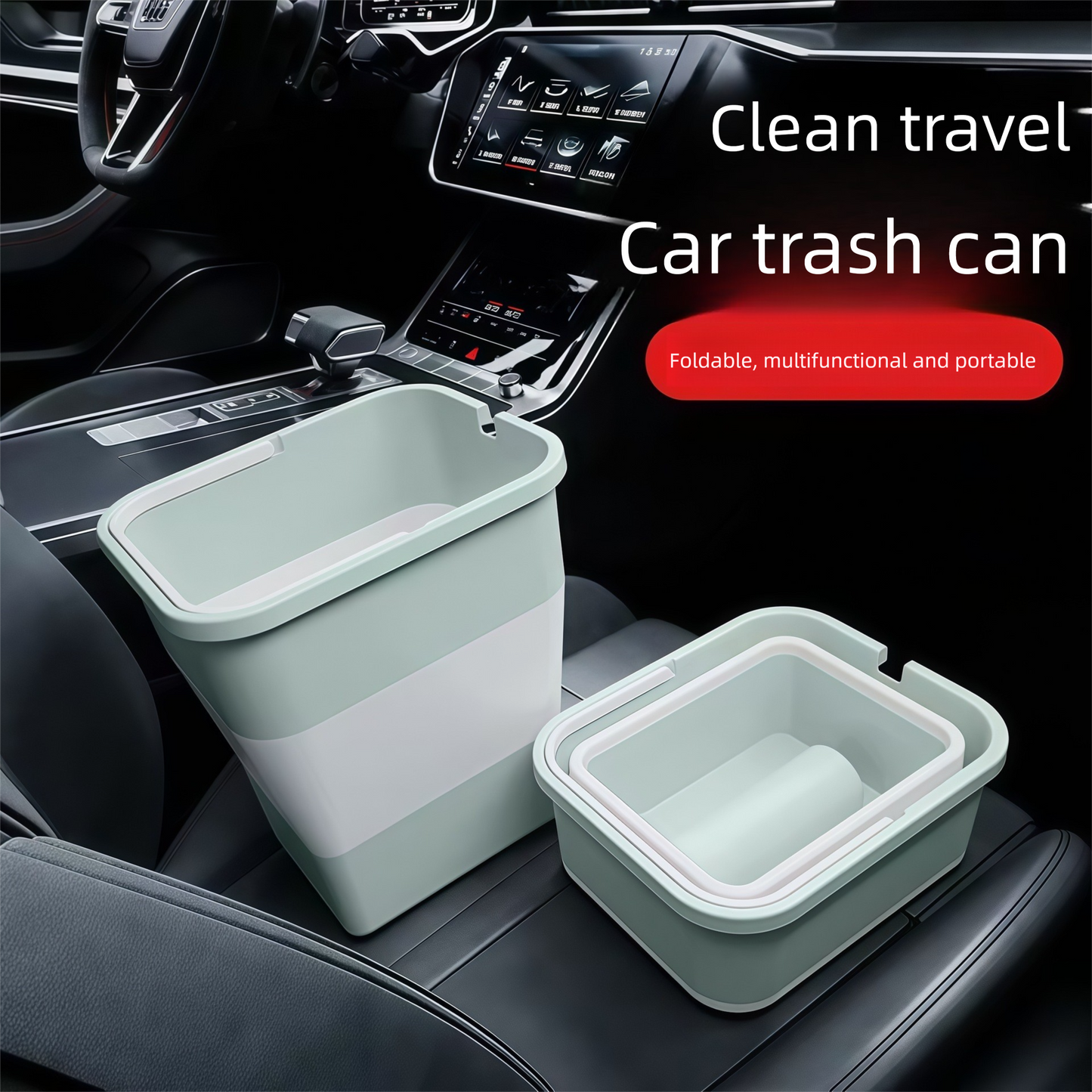 Light green Foldable Car Trash Can and Multi-Functional Storage Bin - Includes 5 Rolls of Bags - Leak-Proof Waterproof Design for Road Trips, Camping and Daily Commuting - Space Saving Portable Organiser(medium)