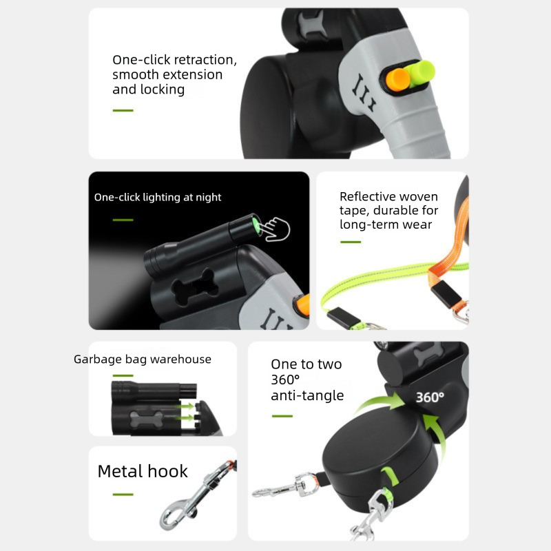 Black Dual Retractable Dog Leash - Tangle-Free 360 Degree Rotation - Built-in LED Flashlight, Individual Brake and Lock System for Two Dogs, Safety for Night Walking and Outdoor Training