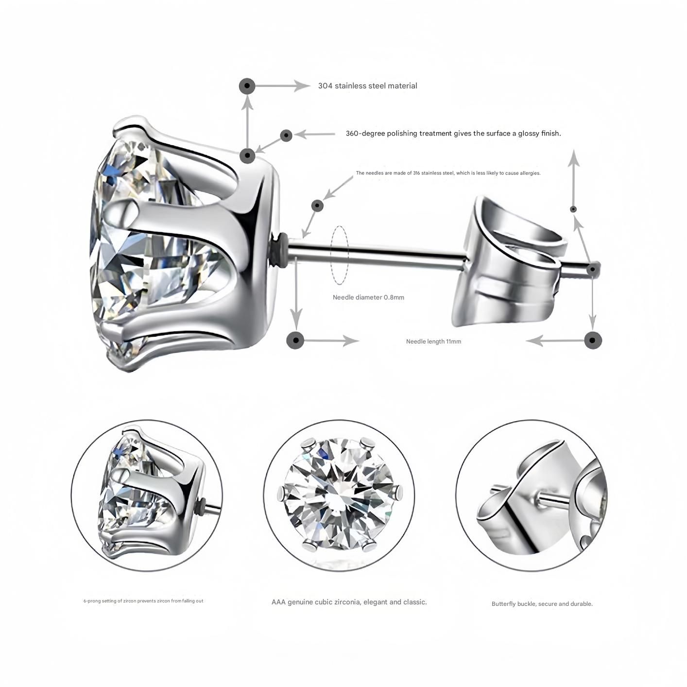 6-Pair Black Stainless Steel Stud Earring Set - Classic 6-Prong Crown Setting with Sparkling Round Cubic Zirconia in Multiple Sizes - Durable Skin-Friendly Jewelry for Daily Wear and Stacking