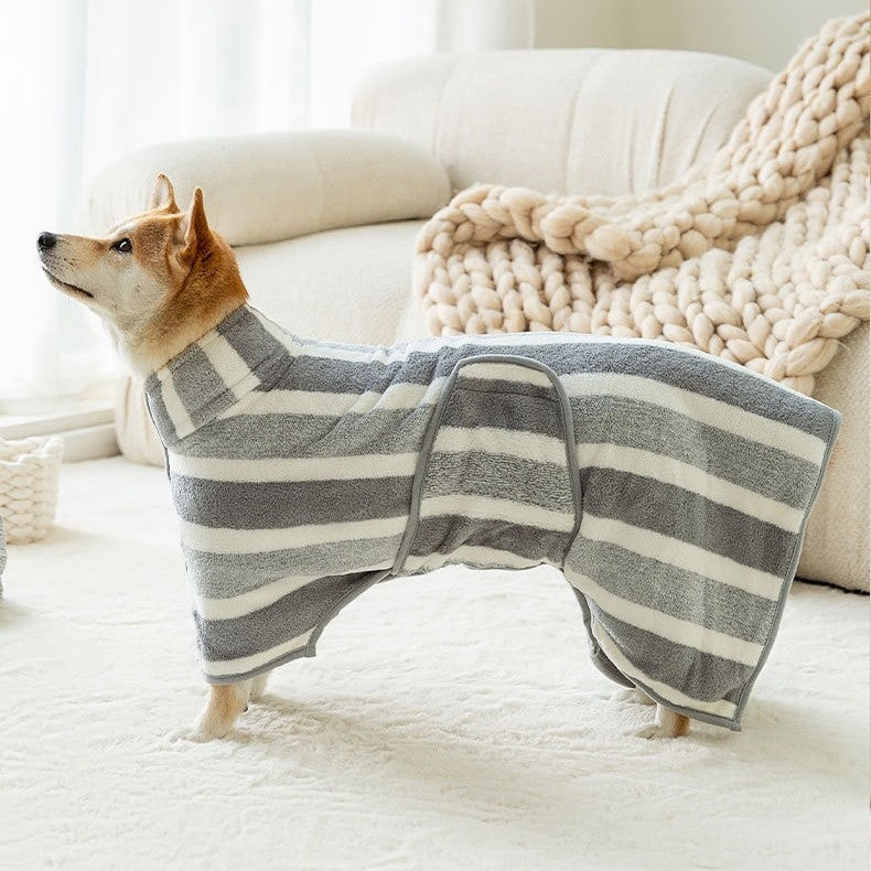 Grey Stripes Super Absorbent Pet Bathrobe with Waist Belt & Neck Snap - Full Coverage Quick-Drying Towel for Dogs & Cats (S Size)