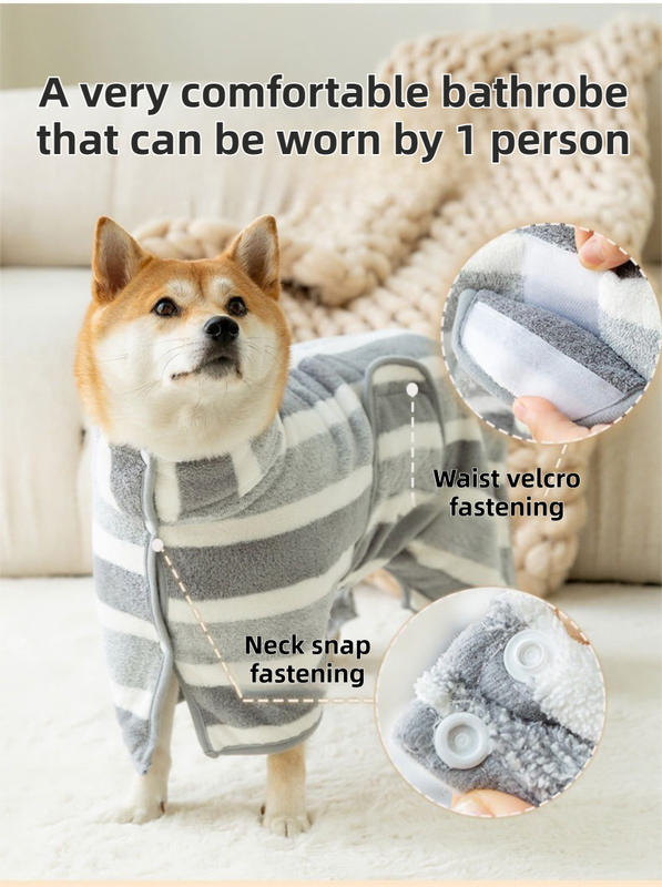 Brown Stripes Super Absorbent Pet Bathrobe with Waist Belt & Neck Snap - Full Coverage Quick-Drying Towel for Dogs & Cats (S Size)