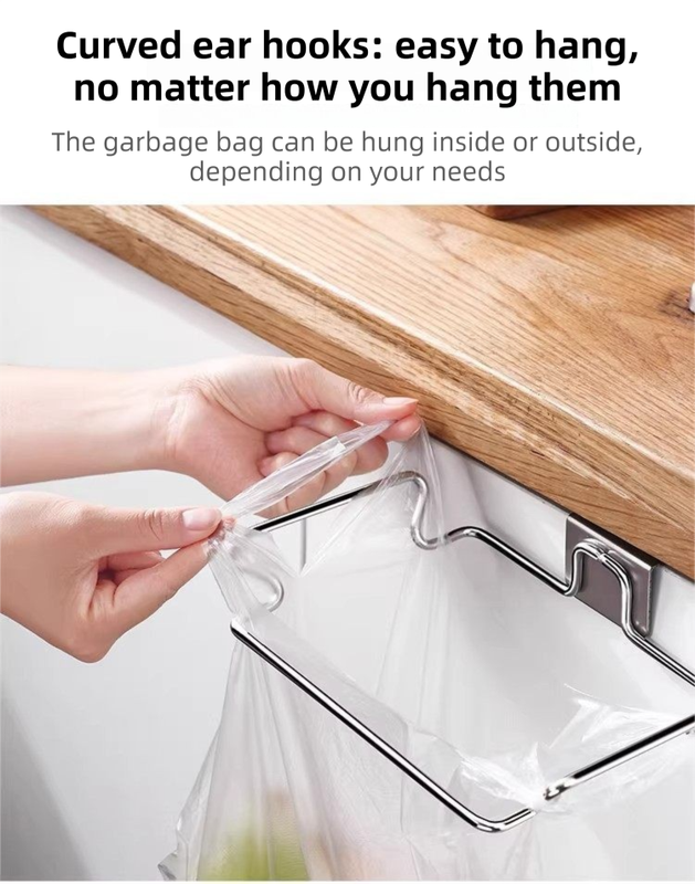 Stainless Steel Over-Cabinet Trash Bag Holder with Curved Ear Hook  - Heavy Duty Hanging Waste Bag Support for Home & Office