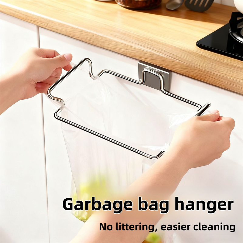 Stainless Steel Wall-Mounted Trash Bag Holder with Curved + V-Sharp Ear Hook  - Heavy Duty Waste Bag Support for Home & Office