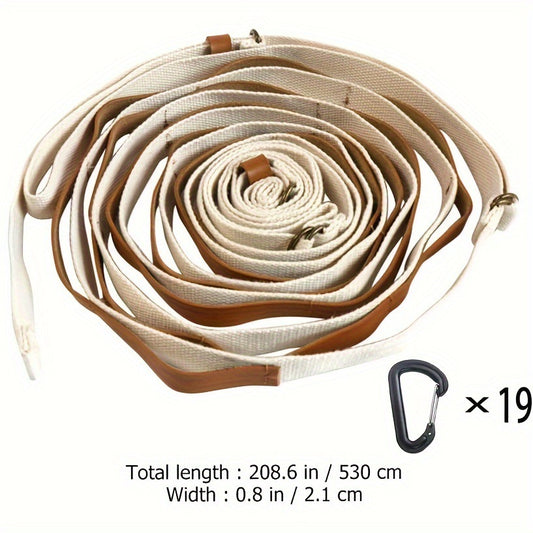 Khaki 5.3M Heavy Duty PU Leather Camping Lanyard with 19 Carabiners  - Portable Outdoor Clothesline for Tents & Canopies