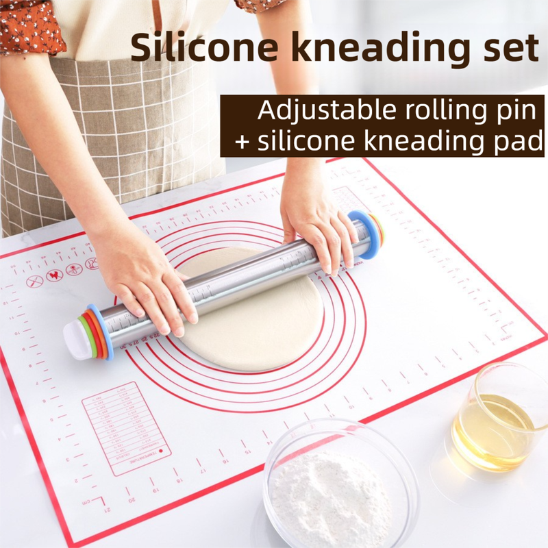 Adjustable Stainless Steel Rolling Pin + 40 x 60 CM Red Non-Stick Silicone Pastry Mat with 4 Precise Thickness Rings & Clear Measurement Markings