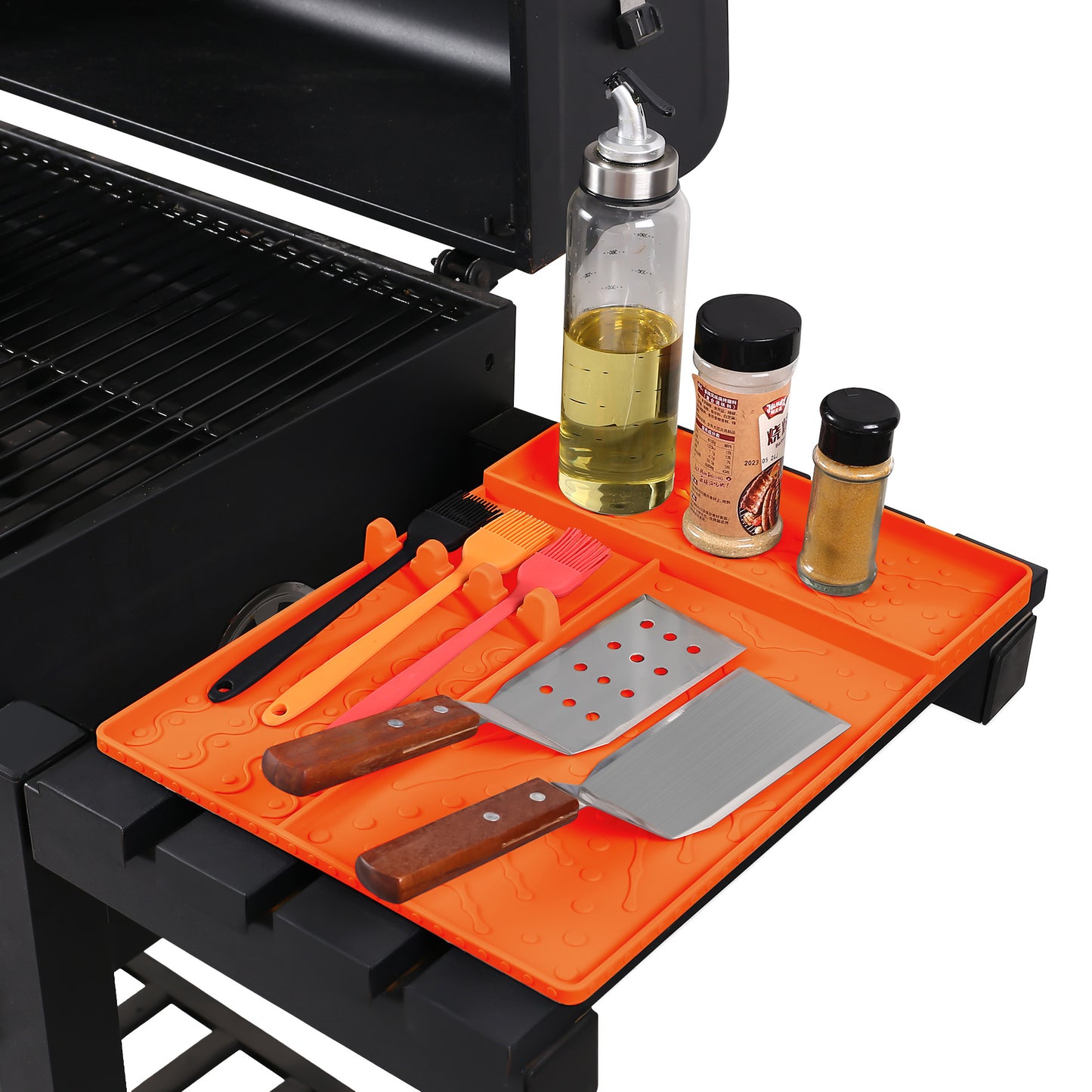Orange Heavy-Duty Silicone Griddle Tool Mat Integrated Tool & Bottle Slots - Non-Stick BBQ Tool Draining Grease Mat and Seasoning Station