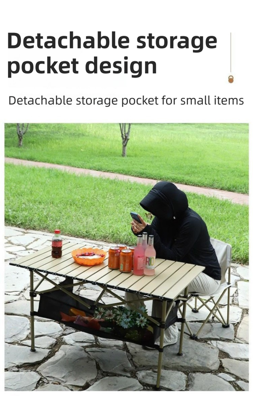 95CM Khaki Portable Folding Egg Roll Camping Table + 4-Pack 36CM Chairs with Storage Bag & Mesh Net- Heavy-Duty Carbon Steel Picnic Table for 4-6 People