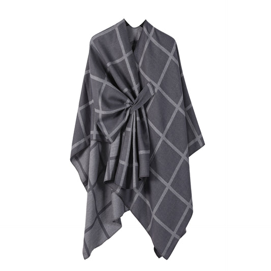 Grey Elegant Check Knit Travel Shawl with Stylish Side-Slit Design - Fall & Winter Luxurious Cashmere-Feel Pullover Cape (135 x 155 CM)