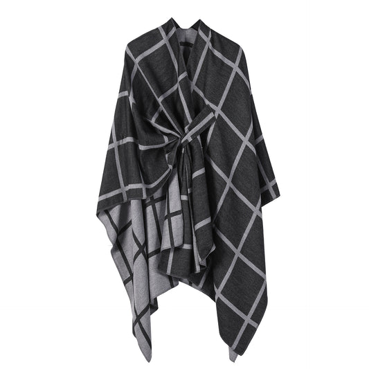 Black and Grey Elegant Check Knit Travel Shawl with Stylish Side-Slit Design - Fall & Winter Luxurious Cashmere-Feel Pullover Cape (135 x 155 CM)