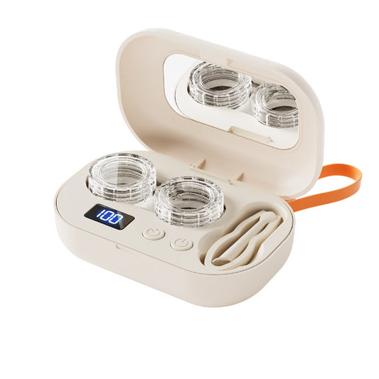 Smart High-Frequency Ultrasonic Contact Lens Cleaner with Digital Display & 4 Level Timer - Portable 3D Suspension Deep Cleaning Machine Integrated Makeup Mirror & Tool Kit