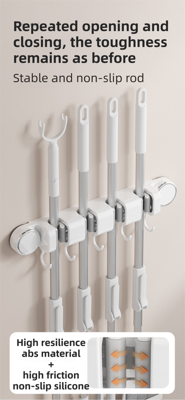 White Vacuum Suction Cup Mop & Broom Holder with 3 Roller Clips + 4 Hooks - Heavy Duty Waterproof Rack for Bathroom & Kitchen