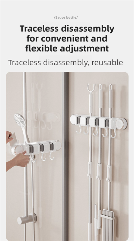 Grey Vacuum Suction Cup Mop & Broom Holder with 3 Roller Clips + 4 Hooks - Heavy Duty Waterproof Rack for Bathroom & Kitchen