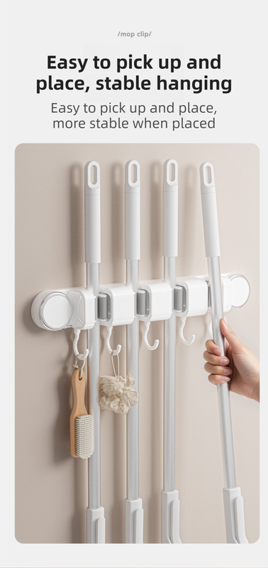 White Vacuum Suction Cup Mop & Broom Storage Rack Combination(3-Size: 2 Clips + 3 Clips + 4 Clips) - Heavy Duty Waterproof Rack for Bathroom & Kitchen