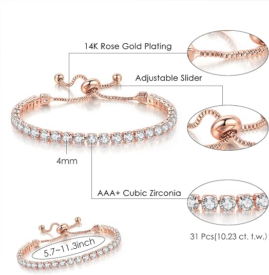 Rose Gold High-Sparkle Cubic Zirconia Single Row Iced-Out Tennis Bracelet (5.7" to 11.3") - Minimalist Geometric Dainty Jewelry