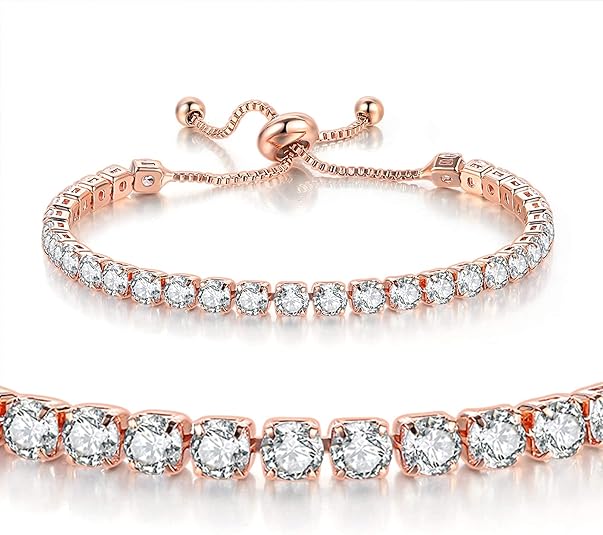 Rose Gold High-Sparkle Cubic Zirconia Double Row Iced-Out Tennis Bracelet (5.7" to 11.3") - Minimalist Geometric Dainty Jewelry