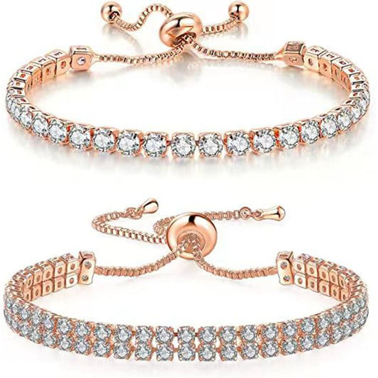 Rose Gold High-Sparkle Cubic Zirconia Iced-Out Tennis Bracelet of Single Row & Double Row (5.7" to 11.3") - Minimalist Geometric Dainty Jewelry