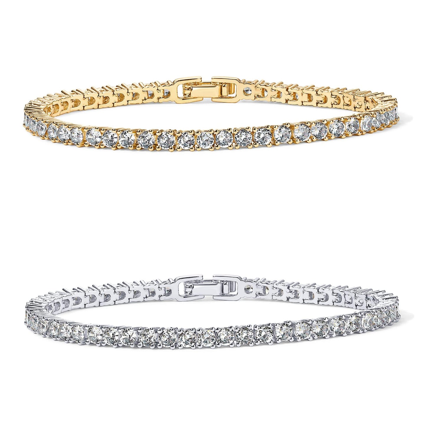 2-Pack 4.0mm Iced-Out Zirconia Tennis Bracelet with Secure Clasp (Silver and Gold) - Classic Luxury Rhinestone Tennis Chain for Men & Women (8 Inches)