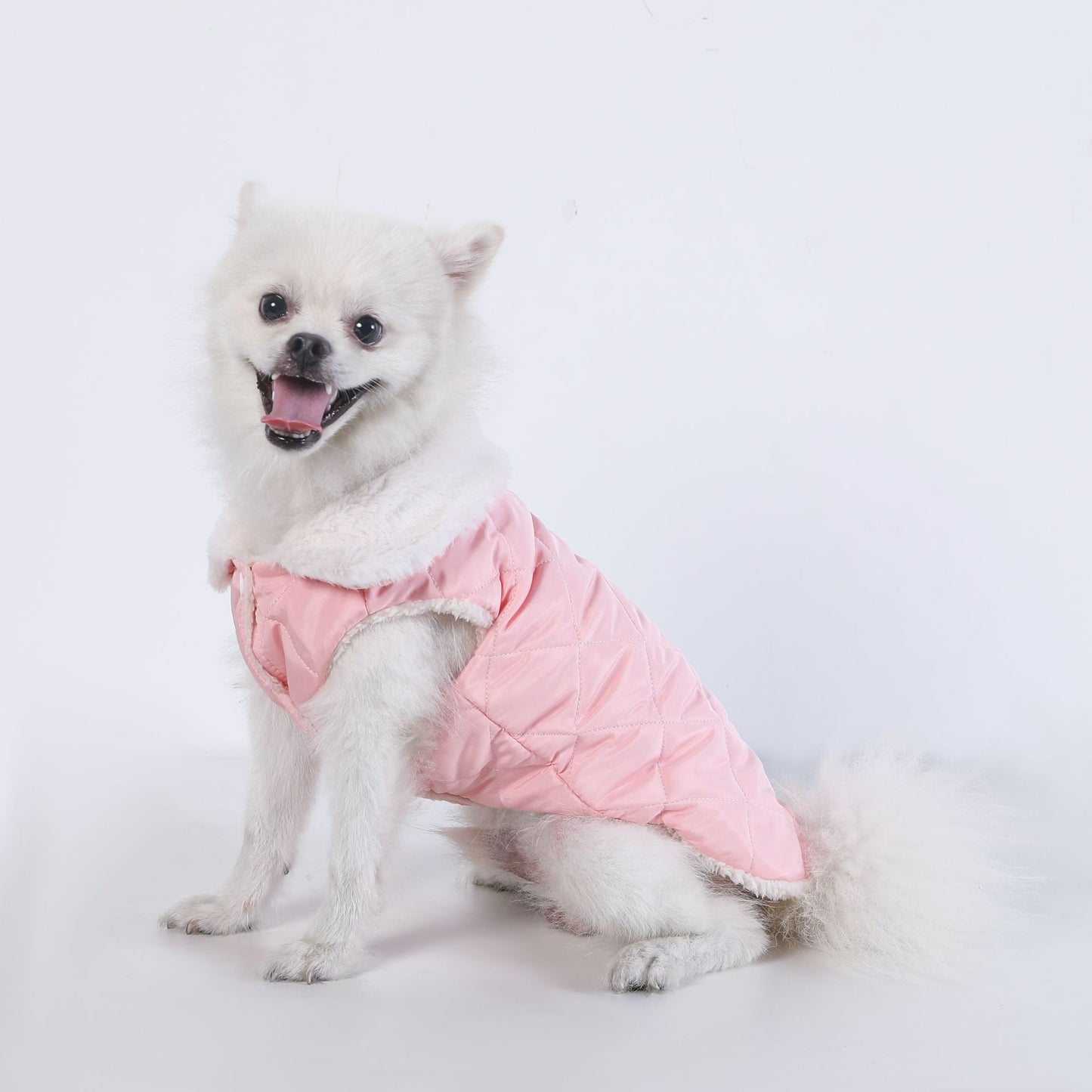 L Size Pink Winter Padded Cotton Dog Thermal Plaid Vest with Faux Fur Collar - Thick Fleece-Lined Warm Pet Jacket