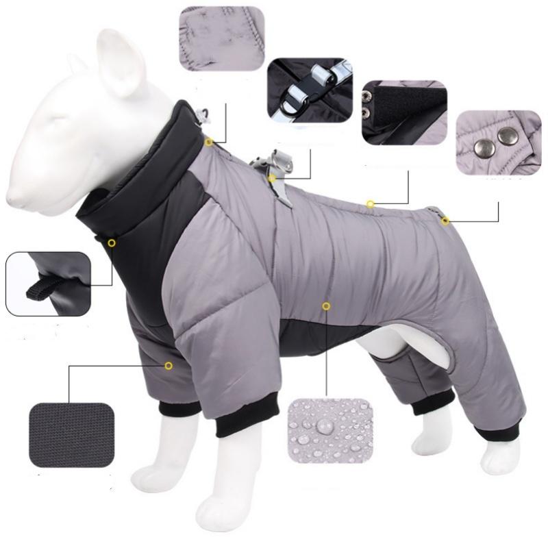 M Size Orange Winter Waterproof Dog 4 Leg Jumpsuit for Full Body Warmth - Reflective Windproof Pet Puffer Coat with Integrated Harness