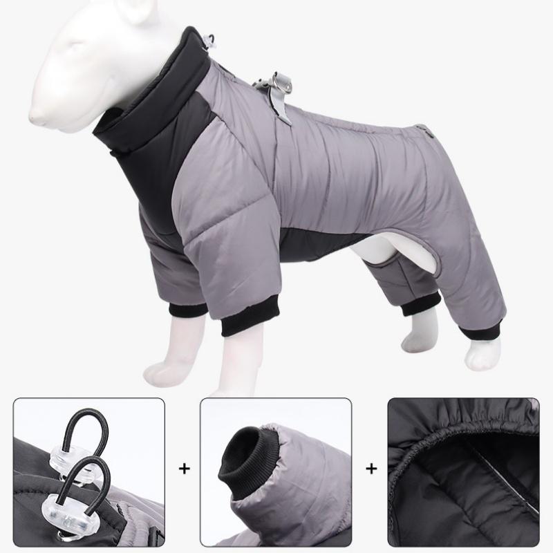 M Size Blue Winter Waterproof Dog 4 Leg Jumpsuit for Full Body Warmth - Reflective Windproof Pet Puffer Coat with Integrated Harness