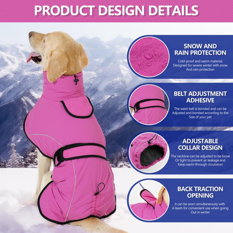 M Size Dark Blue Winter Waterproof Dog Puffer Vest with Adjustable Neckline / Belt and Leash Access - Reflective Long-Pile Fleece Lined Warm Cloak