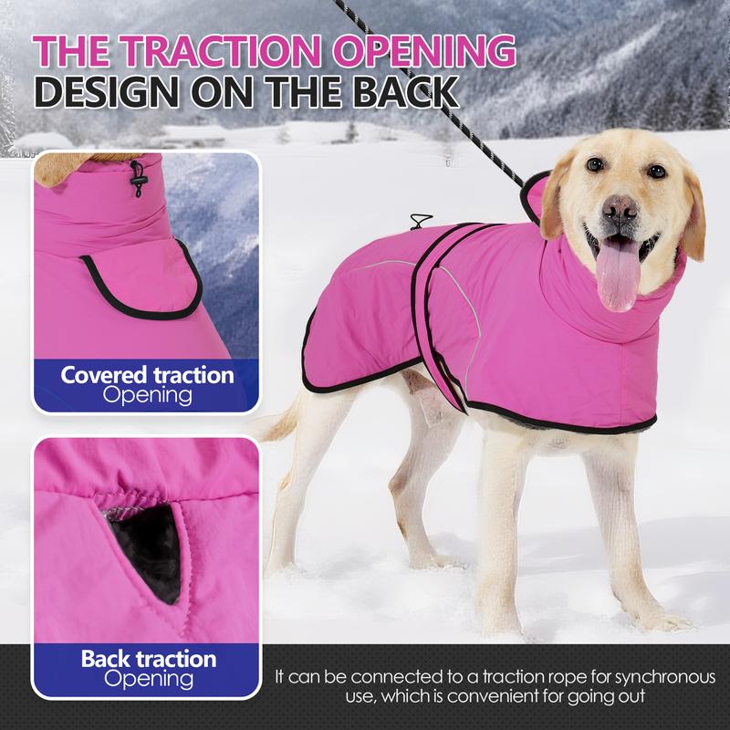 XL Size Dark Blue Winter Waterproof Dog Puffer Vest with Adjustable Neckline / Belt and Leash Access - Reflective Long-Pile Fleece Lined Warm Cloak
