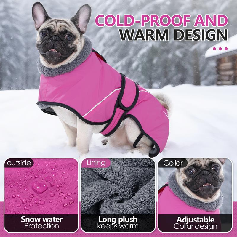 M Size Rose Red Winter Waterproof Dog Puffer Vest with Adjustable Neckline / Belt and Leash Access - Reflective Long-Pile Fleece Lined Warm Cloak