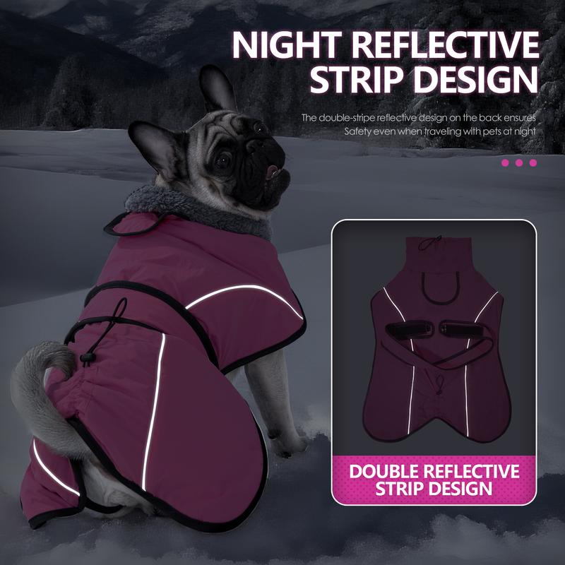 M Size Rose Red Winter Waterproof Dog Puffer Vest with Adjustable Neckline / Belt and Leash Access - Reflective Long-Pile Fleece Lined Warm Cloak