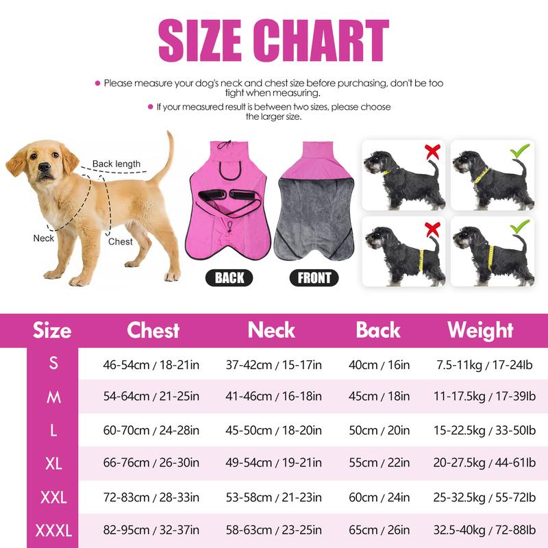 M Size Rose Red Winter Waterproof Dog Puffer Vest with Adjustable Neckline / Belt and Leash Access - Reflective Long-Pile Fleece Lined Warm Cloak