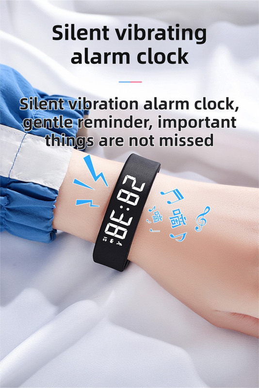 White Silent Vibration Alarm Smart Silicone Wristband with 3-Alarm Settings - Discreet Wake-Up Device for Teens & Adults (Horizontal version)
