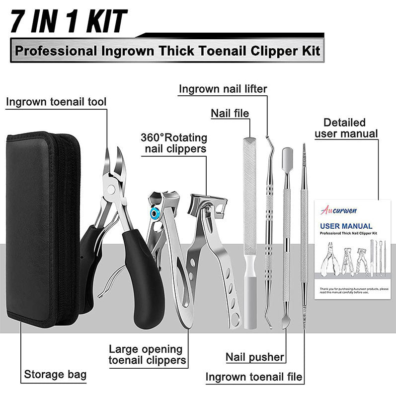 7-Piece Professional Ingrown Toenail Tool Kit - Stainless Steel Precision Pedicure Set with Red Eagle-Nose Clippers & Leather Storage Case