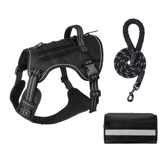 3-Piece Black Tactical Dog Harness Set (S Size) - Heavy Duty No-Pull Vest with Detachable Tactical Pouch & Climbing Rope Leash