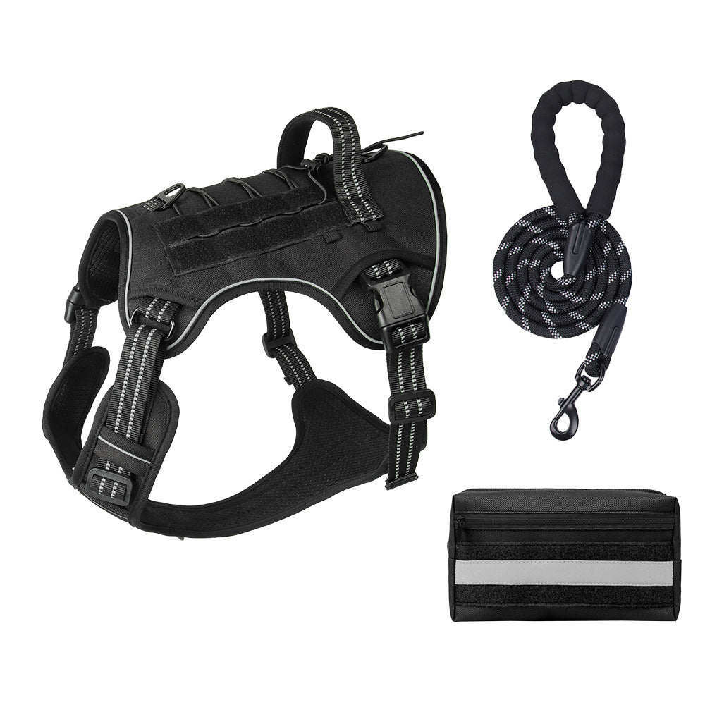 3-Piece Black Tactical Dog Harness Set (XL Size) - Heavy Duty No-Pull Vest with Detachable Tactical Pouch & Climbing Rope Leash