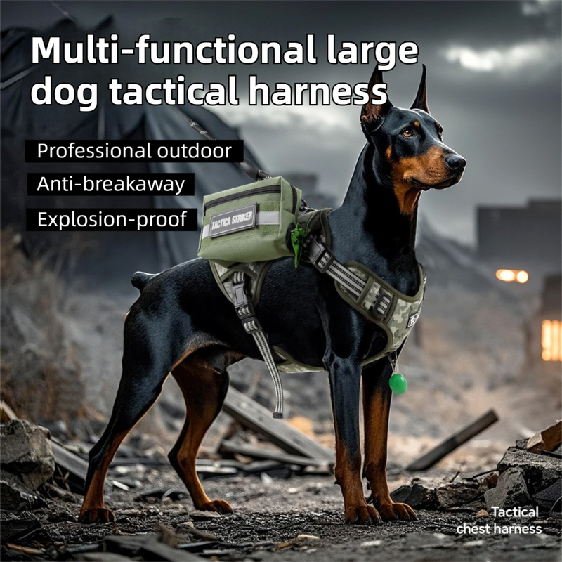 3-Piece Khaki Tactical Dog Harness Set (XL Size) - Heavy Duty No-Pull Vest with Detachable Tactical Pouch & Climbing Rope Leash