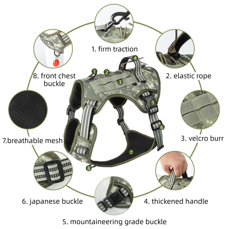 3-Piece Camouflage Tactical Dog Harness Set (XL Size) - Heavy Duty No-Pull Vest with Detachable Tactical Pouch & Climbing Rope Leash