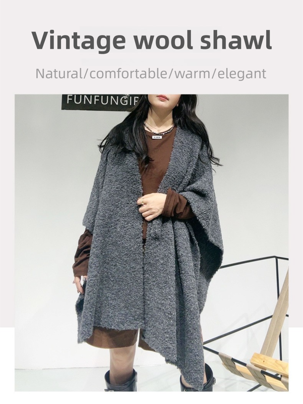 Grey Premium Knitted Wool Blend Poncho - Elegant Thickened Drape Shawl & Cape Cardigan Coat