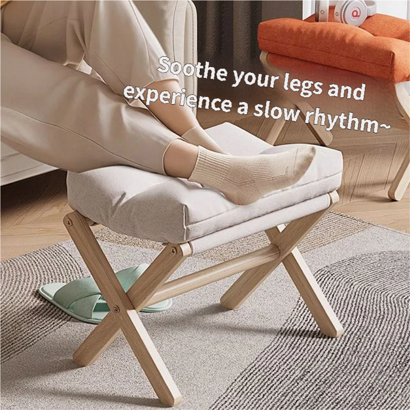Orange Foldable Ottoman & Padded Footstool with Velcro Stability & Spare Cusion - Cotton Linen Portable Office Leg Rest & Entryway Shoe Stool