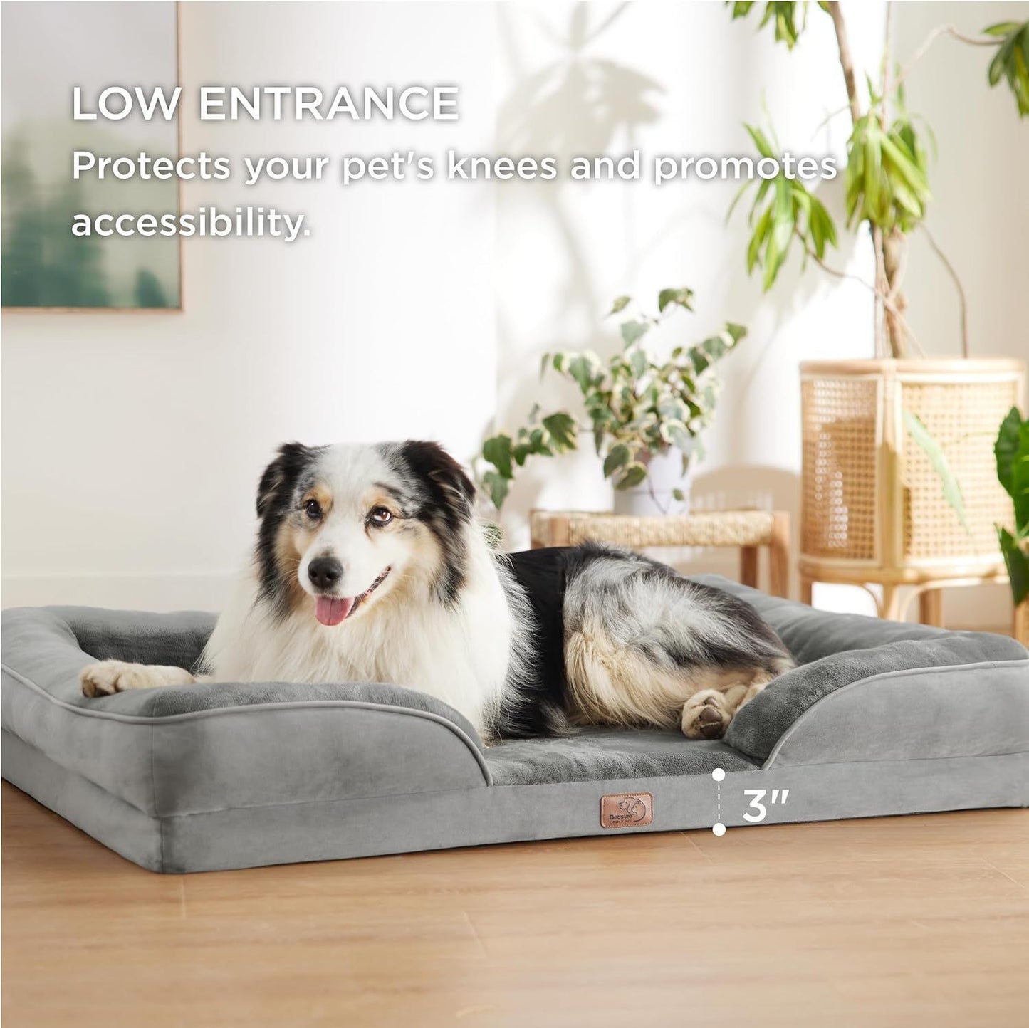 Beige Waterproof Egg-Crate Foam Therapeutic Pet Sofa Bed and Fleece Lounge (M Size 74 x 53 x 17 CM) - Low Entry, High Bolster Support & Zipper Removable Cover