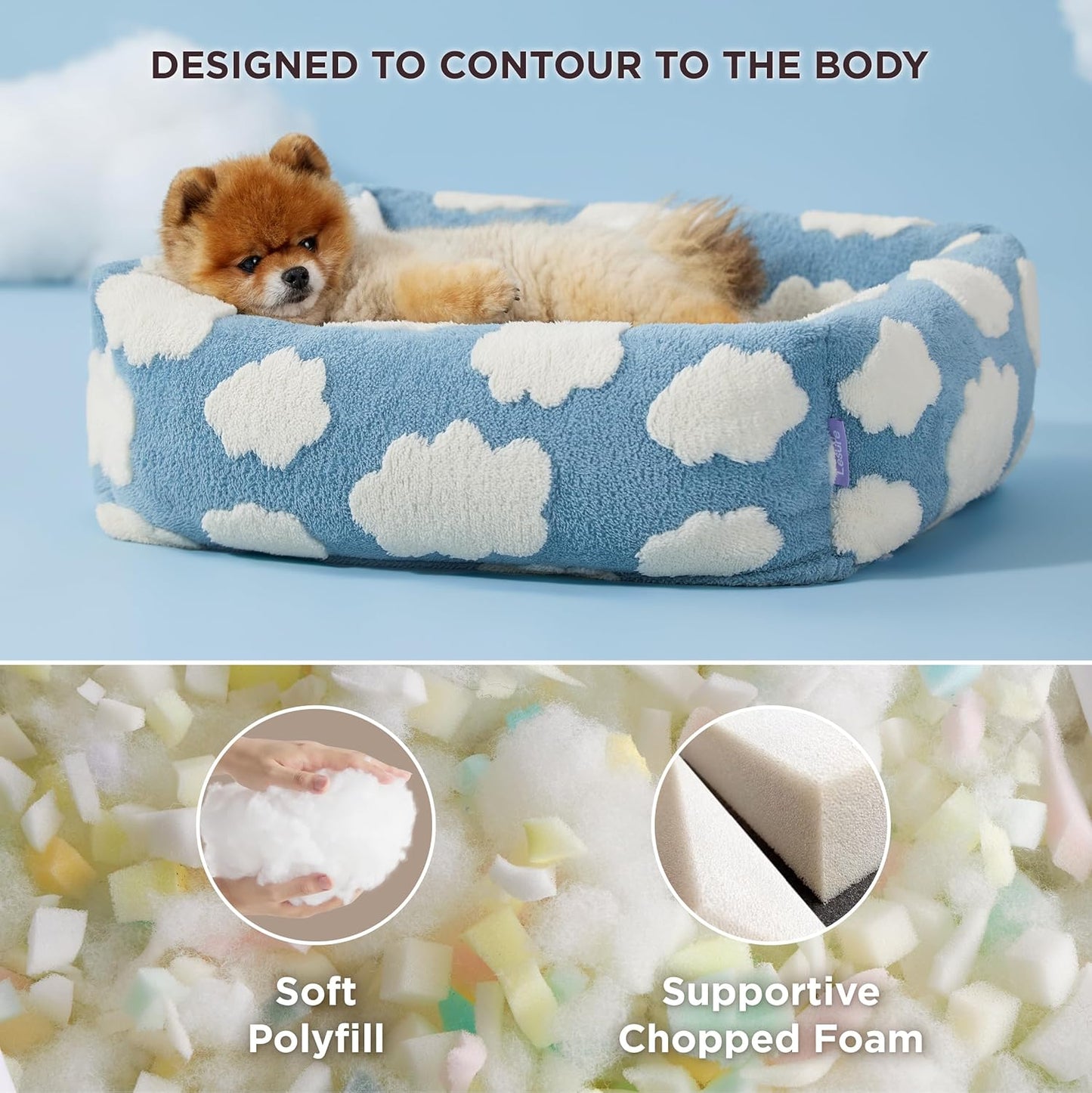 63x53x17 CM Cute Square Plush Pet Bed with Removable Cover & 5 Bolsters Support - Blue Sky and White Clouds Machine Washable Calming Dog & Cat Sofa