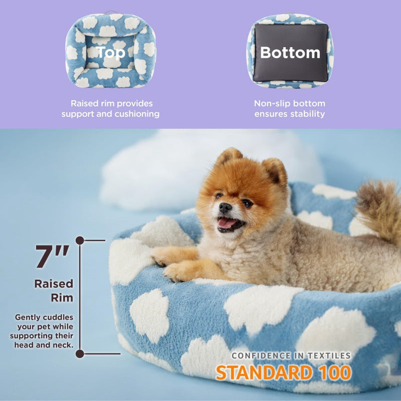 91x68x20 CM Cute Square Plush Pet Bed with Removable Cover & 5 Bolsters Support - Green Daisies Machine Washable Calming Dog & Cat Sofa