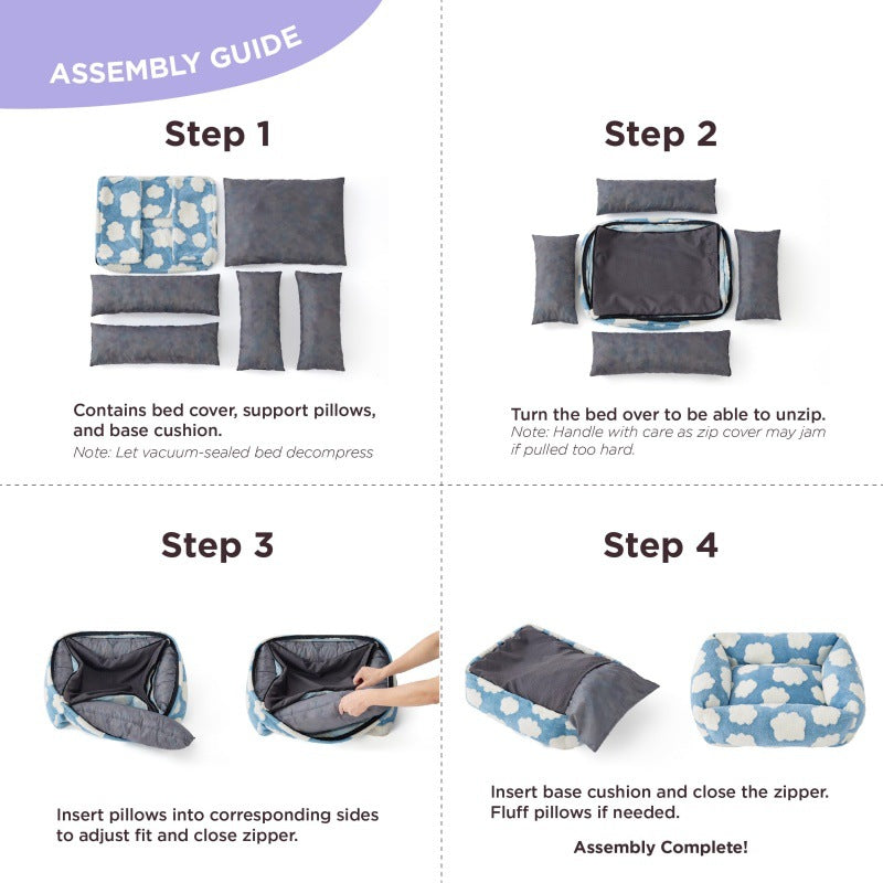 91x68x20 CM Cute Square Plush Pet Bed with Removable Cover & 5 Bolsters Support - Purple Plaid Machine Washable Calming Dog & Cat Sofa