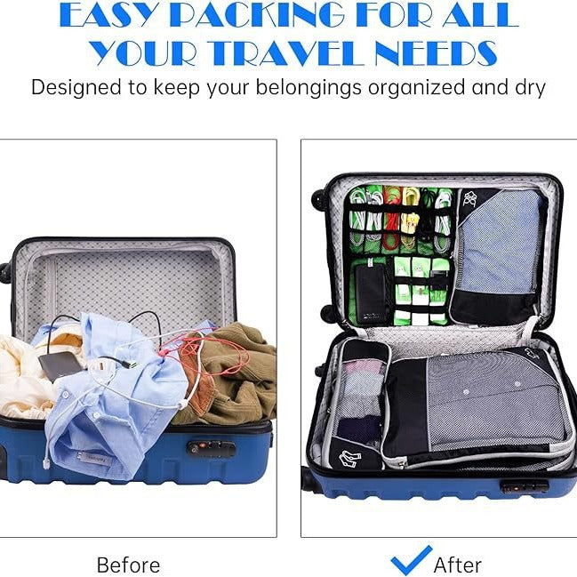 Black Waterproof Travel Compression Packing Cube Set of 5 Sizes with Carry Handles - 50% Space Saving Breathable Nylon Luggage Organizer