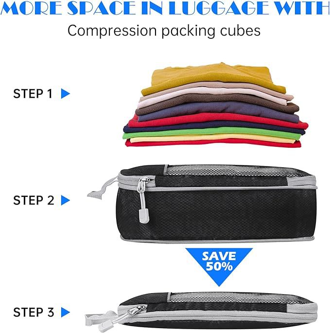 Green Waterproof Travel Compression Packing Cube Set of 5 Sizes with Carry Handles - 50% Space Saving Breathable Nylon Luggage Organizer