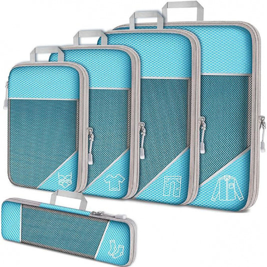 Blue Waterproof Travel Compression Packing Cube Set of 5 Sizes with Carry Handles - 50% Space Saving Breathable Nylon Luggage Organizer