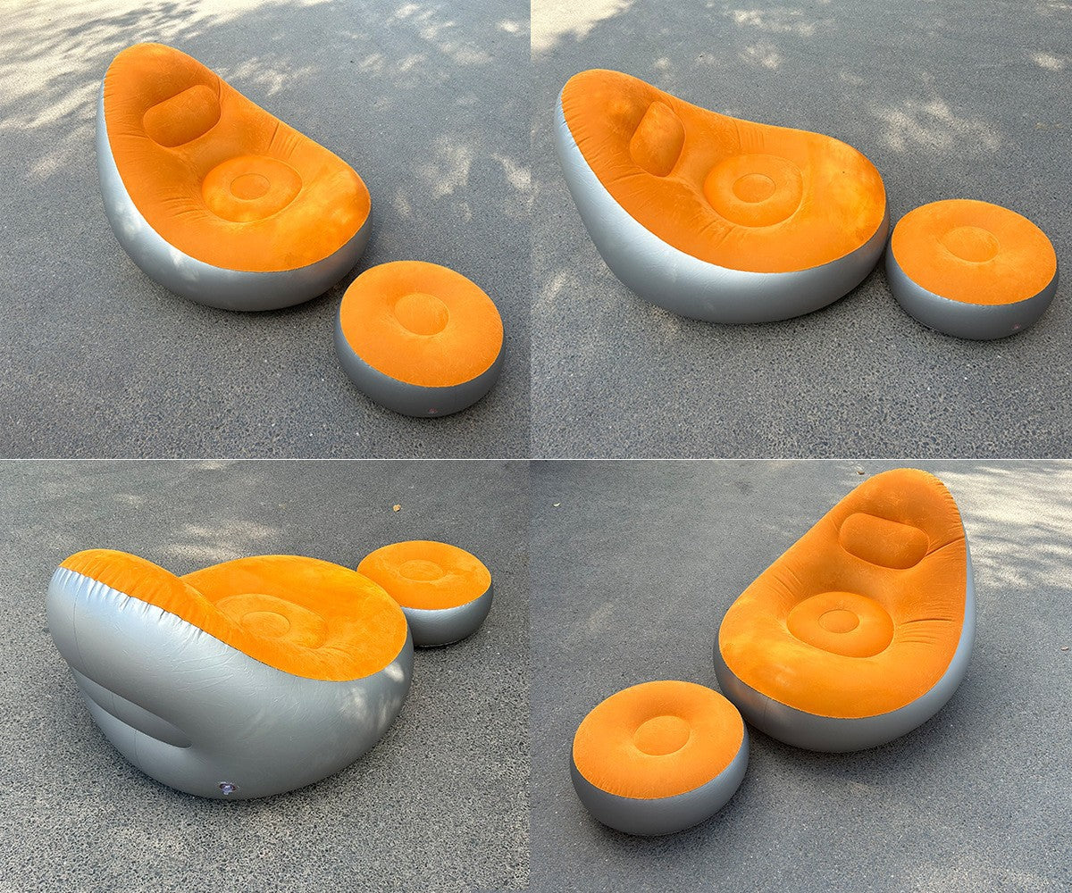 Orange Inflatable Flocked Lounge Chair & Ottoman Set with Foot Pump - Portable Ergonomic S-shaped Air Lounger for Indoor & Outdoor